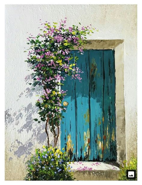 Doors Painting Art, Painting Of A Door On Canvas, Door And Flowers Painting, Paintings Of Doors Acrylic, Acrylic Painting Door With Flowers, Door With Flowers Painting, Window Flowers Painting, Acrylic Door Painting, Window Gouache Painting