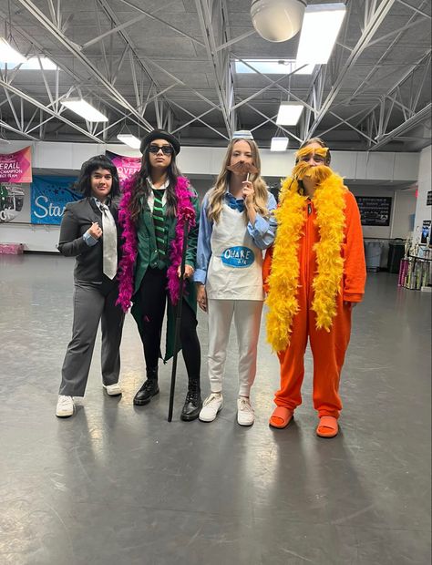 The Lorax Trio Costume, 4 Friend Costume Ideas, Group Of Four Costume Ideas, Lorax Trio Costume, Lorax Duo Costume, Easy Lorax Costume, The Lorax Costume Group, Lorax Onceler Costume, Mr O'hare Costume