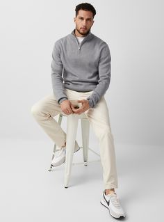 Half Zip Outfit Men, Half Zip Sweater Outfit, Office Outfit Men, Zip Sweater Outfit, Quarter Zip Outfit, Mens Fall Outfits, Minimalist Sweater, Sweater Outfits Men, Mens Business Casual