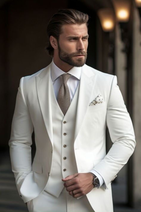 Effortless sophistication in a crisp ensemble. Elevate! Groom Suit White, White Wedding Suits For Men, White Tuxedo Wedding, Custom Suits Men, White Wedding Suit, White Tux, Wedding Tux, Mens Wedding Attire, White Elegance