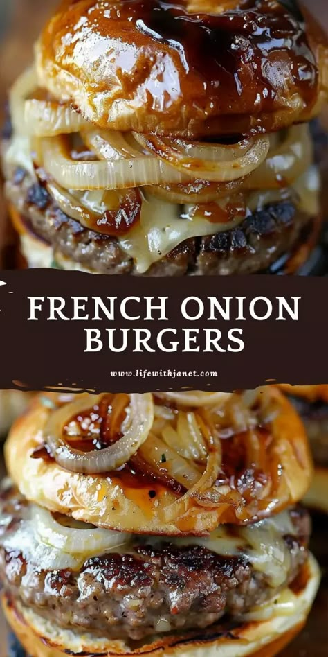 French Onion Burgers French Onion Burgers, Onion Burgers, French Onion, Melted Cheese, Caramelized Onions, Onions, Twist, Cheese