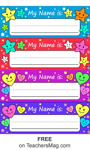 These free printable name tags are great for using with your preschool students! They are colorful and feature hearts or stars that are sure to delight all of your kids. Subject Tags Printable Aesthetic, Name Tag For Kindergarten, Name Tag Design Ideas Student, Colorful Name Tags Free Printable, Name Tag Editable Free Printable, Lable Designing For School, Name Tag Kindergarten, Classroom Name Tags Desks Free Printable, Name Tags For Preschoolers