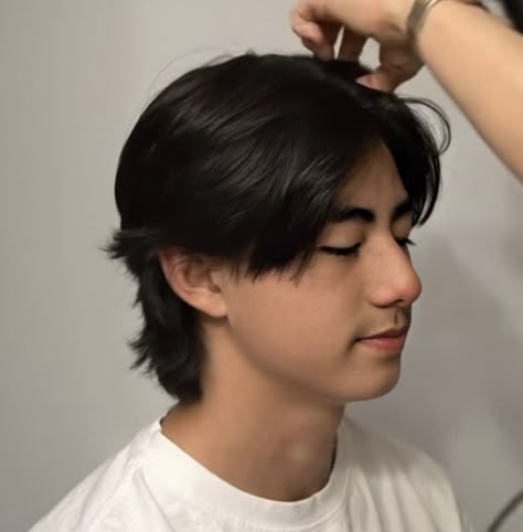 Asian Middle Part Hair Men Mullet, Wolfcut Hair Men Asian, Short Wolfcut Middle Part, Korean Male Haircut Bangs, Parted Middle Hair Hairstyles, Asian American Hairstyles, Straight Wolfcut Men, Textured Wolfcut Men, Long Asian Hairstyles Men