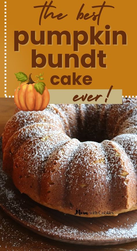 a pumpkin bundt cake with text overlay that reads the best pumpkin bundt cake ever Simple Pumpkin Bundt Cake, Pumpkin Pound Cake Recipe Bundt Pans, Bundt Cakes For Thanksgiving, Moist Pumpkin Bundt Cake, Pioneer Woman Pumpkin Cake, Pumpkin Bundt Cake With Yellow Box Cake, Best Pumkin Bundt Cake With A Cream Cheese Filling, Pumpkin Coffee Bundt Cake, Pumpkin Bundt Cake Recipes From Mix Boxes