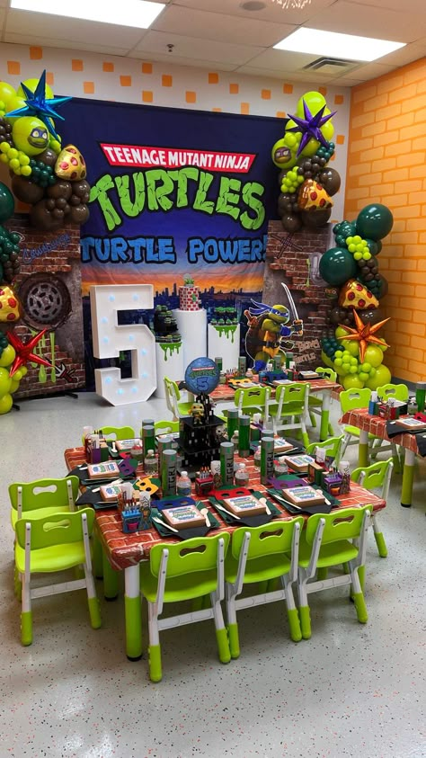 Teenage Mutant Ninja Turtles / Birthday "TMNT Mutant Mayhem 5th Birthday " | Catch My Party Tmnt 1st Birthday Party Ideas, 5th Birthday Party Ideas For Boys, Ninja Turtles Birthday Party Ideas Food, Tmnt Party Decorations, Ninja Turtles Party Ideas, 5th Birthday Ideas For Boys, Ninja Turtle Party Ideas, Ninja Turtle Birthday Theme, Turtle Birthday Decorations