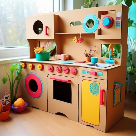 DIY Play Kitchens, cardboad crafts, cardboard kitchens, recycled crafts for kids Diy Kitchen Toy, Kitchen Cardboard, Play Kitchen Ideas, Diy Kardus, Kids Play Kitchen Accessories, Cardboard Boxes Kids, Handmade Toys For Kids, Recycled Crafts For Kids, Crafts Cardboard