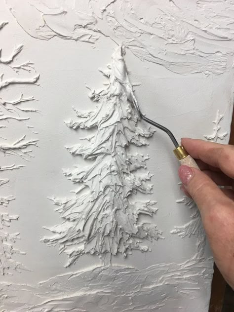 Plaster Trees On Walls, Diy Spackle Art Christmas, Bas Relief Art Ideas, Plaster Art On Wall, Easy Diy Christmas Wall Art, Drywall Art Wall, Plaster Christmas Tree, Sculpture Art Painting, Spackle Art Christmas