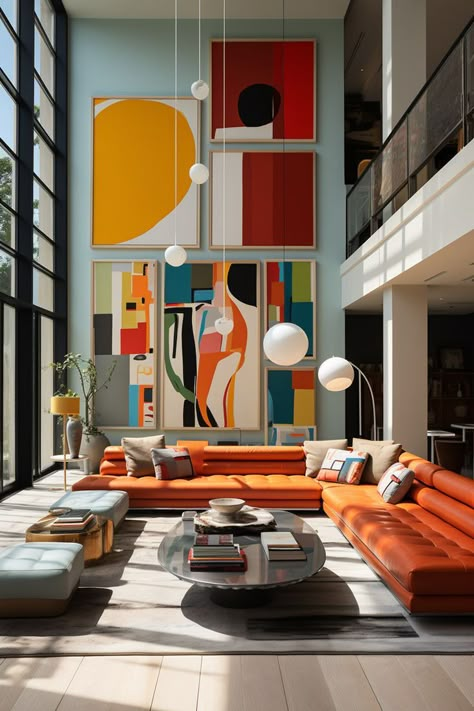 Artsy Interior Design, Midcentury House, French Interior Design, Retro Interior Design, Corner Sofa Design, Living Room Orange, Memphis Design, Grid Layouts, Lounge Design