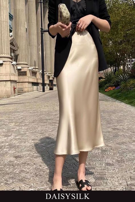 Elegant silk midi skirt & silk maxi skirt for any oufits Satin Skirts, Skirt Office, Long Pencil Skirt, Empire Waistline, Skirts For Women, Satin Skirt, Fashion Elegant, Satin Silk, Office Lady