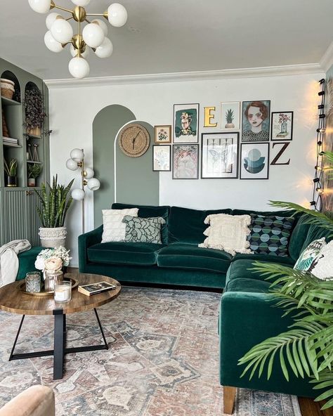 Sven Blue Velvet Sofa, Article Velvet Sofa, Gold Eclectic Living Room, Boho Velvet Couch, Studio Couch Ideas, Blue Velvet Couch Decor, Green Velvet Sofa Styling, Sofa Art Wall Living Rooms, Eclectic Living Room Grey Couch