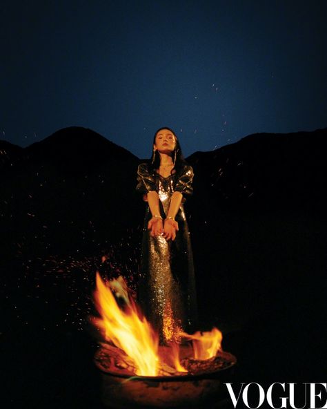 Xiao Wen Ju Vogue China 2020 Cover Fashion Editorial Bonfire Photoshoot, Self Shoot Ideas, Fire Editorial, Leslie Zhang, China New Year, Xiao Wen Ju, Euphoria Style, Celtic Witch, Fire Fashion