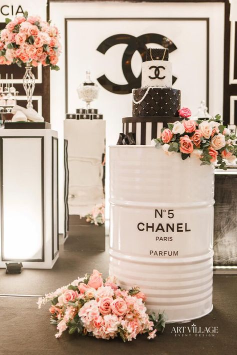 Designer Party Decorations, Chanel Backdrop, Chanel Party Theme, Chanel Birthday Party Decoration, Chanel Inspired Party, Chanel Event, Unique Event Decor, Chanel Birthday Party, Chanel Birthday