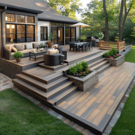 From Classic to Modern: 30 Backyard Patio Designs You'll Love Modern Decks Backyard, Deck And Backyard Ideas, Wood Deck And Concrete Patio Combo, Ground Patio Ideas, 2 Level Backyard Ideas, Back Patio Flooring Ideas, Patio And Deck Combo, Rock Patio Ideas Backyards, Backyard Stone Patio Ideas