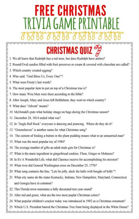 Free Printable Christmas Trivia Game Printable Christmas Quiz, Christmas Quiz Questions, Christmas Trivia Game, Christmas Charades Game, Christmas Trivia Questions, Christmas Carol Game, Christmas Charades, Christmas Trivia Games, Holiday Facts