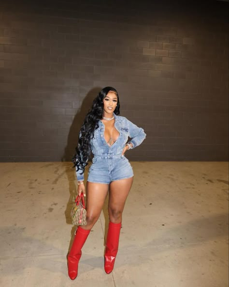 Deniem Outfit Black Women, Denim Outfit Ideas Black Women, Denim Jumpsuit With Boots, Cute Blue Outfits Black Women, Blue Jean Dress Outfit Black Women, Jean Romper Outfit Denim, Denim Romper With Boots, Demin Jumpsuits For Women Outfit, Demin Outfits Black Women