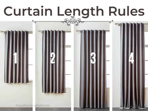 How Long Should My Curtains Be? Curtain Length Rules https://www.southerncrushathome.com/how-long-should-my-curtains-be/ What Length Should Curtains Be, Curtains Pulled To One Side, Curtain Size Guide Cheat Sheets, How To Measure Curtain Rods, Curtains How To Hang, Hanging Short Curtains, Curtain Height Above Window, Window Sill Length Curtains, How To Add Length To Curtains