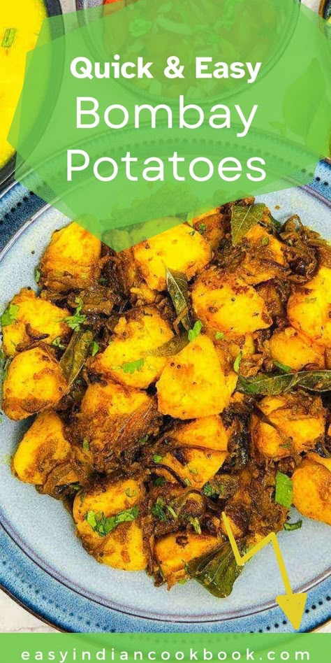 Bombay potatoes on a blue plate. Bombay Potato Recipe, Potatoes Curry, Indian Potato Recipes, Curry Side Dishes, Creamy Butter Chicken, Vegetable Korma, Kachumber Salad, Bombay Potatoes, Potatoes Crispy