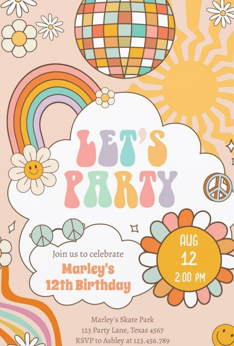 Groovy retro hippie birthday party invitations for girls. Flower Power Birthday, Aaliyah Birthday, Groovy Theme, Hippie Birthday Party, Retro Birthday Parties, Groovy Party, Hippie Birthday, Groovy Birthday, Girls Party Invitations