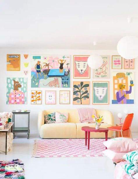 Pastel Scandinavian Interior, Playroom Gallery Wall, Danish Pastel Interior, Colour Pop Interior, Colourful Room, Eclectic Art Prints, Scandinavian Interior Living Room, Pastel Interior, Dopamine Decor