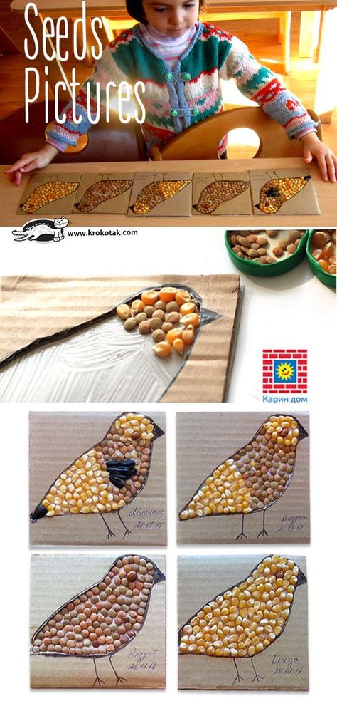 Seed pictures - fun kids art project for Spring Fun Kids Art Projects, Childrens Crafts, Nature Crafts, Preschool Art, Childrens Art, Elementary Art, Spring Crafts, Art Activities, Arts And Crafts For Kids