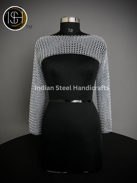 Chainmail Silver Long Sleeves Shrug, Handmade Loose Cropped Pullover Top, Elegant And Most Beautiful Wedding Costume, Halloween Cosplay Gift. Please Note : This Listing is for One Collared Neck/Chainmail Collar and skirt, Other Products Shown in Pictures are not part of this sale * Chainmail Sleeve. * 16 Guage steel. * Chainmail Ring dia 10MM * Colour: Silver Zink. * Materials : Solid Steel. Size requirement: Shoulder to shoulder, Sleeves length, This unique piece seduces you with captivating de Chain Mail Ren Faire, Chainmail Sleeves, Chainmail Collar, Chainmail Skirt, Chainmail Clothing, Chainmail Ring, Chainmail Top, Scale Mail, Long Sleeve Shrug