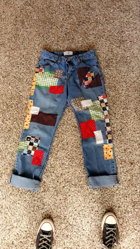 Thrifted jeans with sewn on fabric patches! By Kendall Norcross Patchy Jeans Diy, Fun Patches For Jeans, Jeans With Patches Aesthetic, Patches On Clothes Diy, Cute Patches For Jeans, Fabric Patches On Jeans, Patched Clothes Aesthetic, Baggy Jeans With Patches, Sew Patches On Jeans Diy