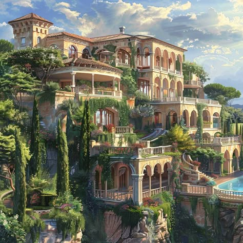 Mediterranean Style Mansion Dreams Unleashed with Luxurious Living • 333+ Images • [ArtFacade] Tree House Mansion, Mediterranean House Architecture, Fantasy Mansion Concept Art, Mansion Fantasy Art, Fantasy Mansion Art, Villa Images, Hill House Design, Mediterranean Castle, Ancient Mansion