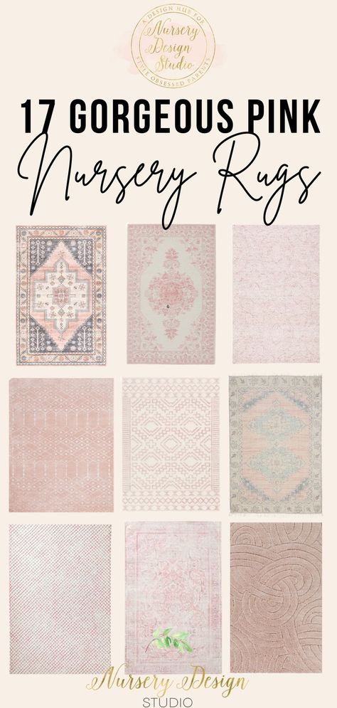 Nursery With Pink Rug, Pops Of Pink Nursery, Gold And Blush Nursery, Blush And Cream Nursery, Pink Nursery Rug Ideas, Pink Rug For Nursery, Pink Traditional Nursery, Blush Nursery Rug, Rug Over Carpet Nursery