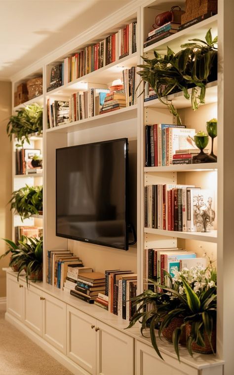 Home Decor: #homedecor, #interiordesign, #homedesign, #decor inspiration Cool Tv Room Ideas, Tv Side Bookshelves, Tv Room Shelving Ideas, Built In Tv Wall Unit With Bookshelves, Tv Unit And Book Shelves, Storage Around Tv On Wall, Built In Shelves Entertainment Center, Living Room Tv Wall Corner, Tv Stands With Bookshelves