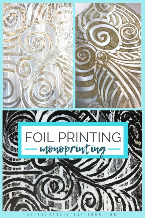 Foil Printing- Easy Monoprints on Foil - The Kitchen Table Classroom Tin Foil Art, Printmaking Projects, Aluminum Foil Art, Printmaking Ideas, Foil Prints, Foil Printing, Art Printmaking, Printmaking Art, Gelli Printing