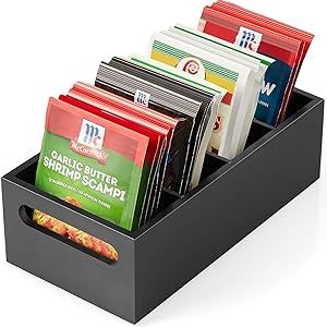 DRASTAR Pantry Organization and Storage Bins, Seasoning Packet Organizer with Removable Dividers,Wooden Storage Caddy for Kitchen, Pantry, Cabinet, Countertop, Black Wooden Pantry, Kitchen Cabinet Organizer, Pantry Organizer, Kitchen Storage Hacks, Pantry Organizers, Storage Caddy, Lid Organizer, Cabinet Organizer, Compact Kitchen