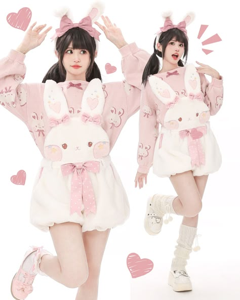 Super cute winter fleece overall shorts and skirts! 🐤🐇🧸 Now available for preorder. Find them here: https://www.devilinspired.com/to-alice 🐧 Stay tuned, the penguin version is coming soon! #kawaii #cutecore #kawaiifashion #cuteclothes Age Re Outfits, Kawaii Overalls, Bubble Shorts, Bunny Backpack, Rabbit Clothes, Shorts Design, Kawaii Cutecore, To Alice, Bunny Outfit