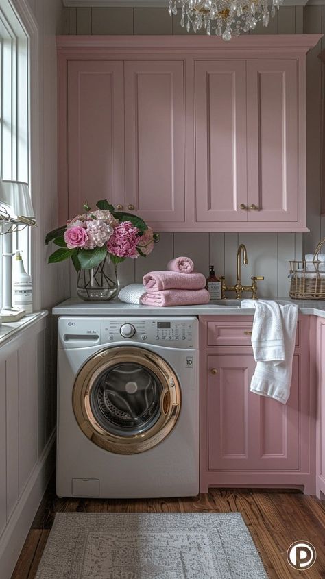 Pink Laundry Room Ideas, Pink Laundry Room, Pink Laundry, Luxury Laundry, Pink Laundry Rooms, Georgia House, Laundry Ideas, Pantry Room, Pastel Home Decor