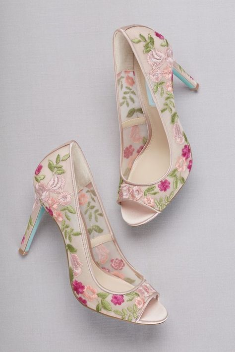 Floral-Embroidered Mesh Peep-Toe Heels Style SBMAVE, Sepatu Pump, Bridal Sandals Heels, Davids Bridal Shoes, Hak Tinggi, Dr Shoes, Fashion Shoes Heels, Floral Heels, Bridal Sandals, Stunning Shoes