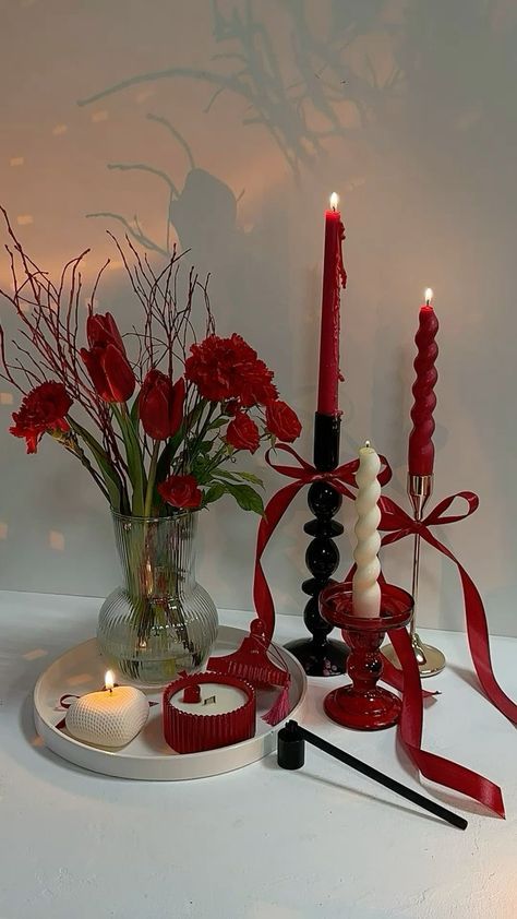 Candles Room Aesthetic, Red Candles Aesthetic, Red Birthday Party Aesthetic, Rose Theme Birthday, Red Aesthetic Party, Cherry Party Decorations, Birthday Candle Ideas, Red Room Decor Aesthetic, Red Birthday Party Decorations