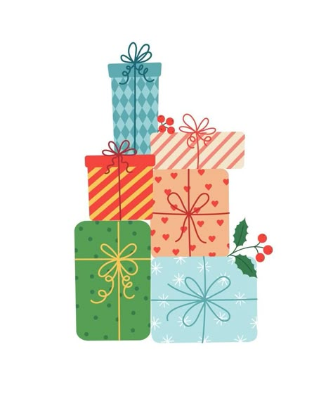 Pile of gift boxes in festive wrapping paper with ribbon and bows. Stack of different presents for Christmas holiday. Flat vector illustration isolated on white Christmas Doodles Ideas, Christmas Present Vector, Christmas Gift Vector, Xmas Illustration, Window Mural, Doodles Ideas, Gift Vector, Boxed Christmas Cards, Christmas Doodles