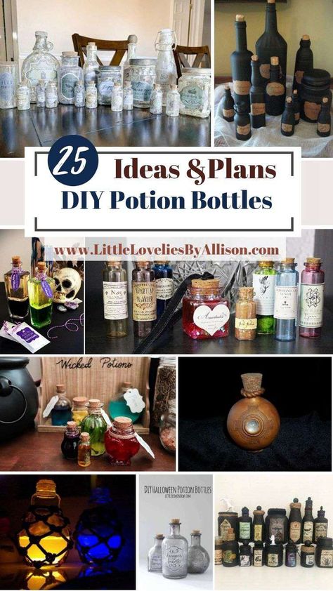 25 DIY Potion Bottles: How To Make A Potion Bottle Like A Pro Potion Bottle Diy Halloween, What To Put In Potion Bottles, Diy Halloween Glass Bottles, How To Make Halloween Potion Bottles, Fake Potion Bottles, Potion Bottle Centerpieces, Diy Witches Lair, Halloween Glass Potion Bottles Diy, Potion Bottle Decorations