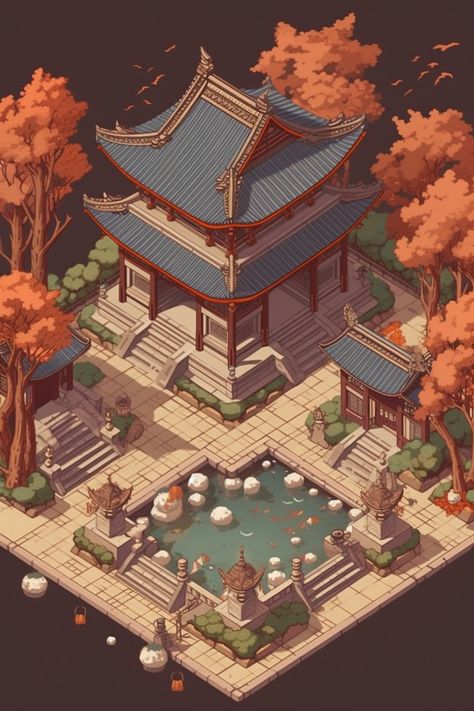 Japanese Environment Art, Traditional Japanese Village Art, Japanese Isometric Art, Japanese Traditional Village, Japanese Temple Concept Art, Isometric Japanese House, Japanese Shrine Concept Art, Japanese Village Concept Art, Chinese Pixel Art