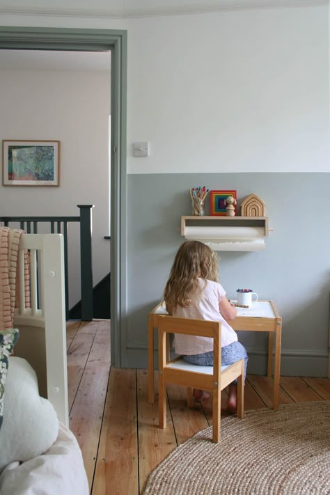 How to do a half-painted wall for a child’s bedroom – Apartment Apothecary Painting Halfway Up The Wall, Lower Half Wall Painted, Half Way Painted Wall Bedroom, Half Wall Painted Nursery, Half Wall Wallpaper Nursery, Half Height Painted Walls, Half Painted Wall With Trim, Two Tone Room Walls Paint Ideas, Paint Halfway Up Wall