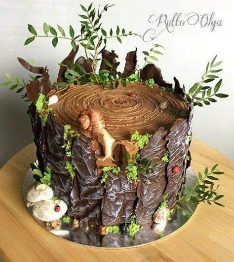 Cake Nature Theme, Enchanted Forest Cake, Moss Cake, Cake Nature, Tree Stump Cake, Nature Cake, Mushroom Cake, Fondant Cake Designs, Woodland Cake