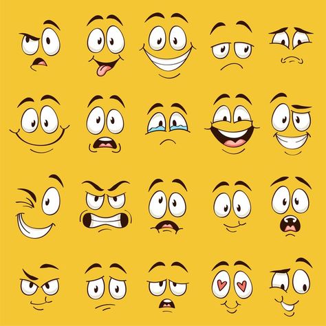 Determined Cartoon Face, Caricature Face Expressions, Cartoon Face Expressions Character Design, Funny Cartoon Expressions, Cartoon Facial Features, Silly Face Expression, Happy Cartoon Face, Disney Expression Sheet, Different Emotions Faces