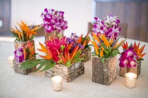 pink and orange tropical wedding centerpieces Wood Centerpieces Wedding, Branch Centerpieces Wedding, Tropical Centerpieces, Tropical Wedding Ideas, Tropical Flower Arrangements, Tropical Wedding Flowers, Fiesta Tropical, Havana Nights, Wedding Table Flowers