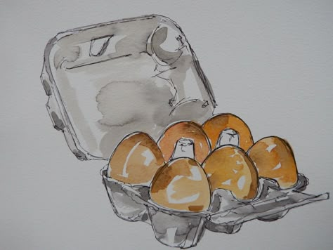 Original watercolour painting of a box of eggs hen chicken brown eggs half dozen | eBay Food In Watercolor, Egg Watercolor Painting, Brown Watercolor Painting, Watercolor Eggs Painting, Food Art Painting Watercolour, Egg Drawing Art, Hen Sketch, Hen Aesthetic, Hen Photography