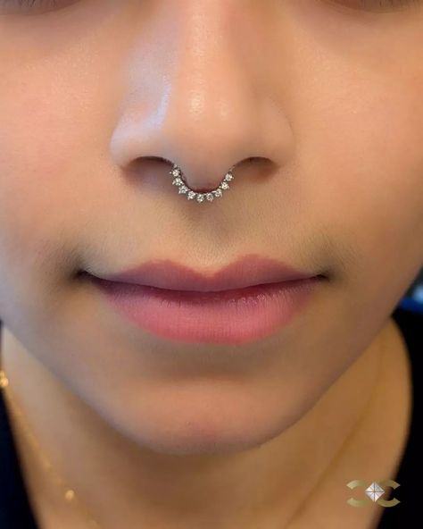 Septum Piercing with our Prong Pave Daith Clicker 💎✨ Find Ireland's largest collection of Fine Jewellery in-store at 7 D'Olier Street or online at our webstore, link in bio! Boho Septum Piercing, Small Septum Piercing, Small Septum, Daith Clicker, Curated Ears, Septum Nose Piercing, Septum Piercing Jewelry, Jewelry Piercing, Body Jewelry Piercing