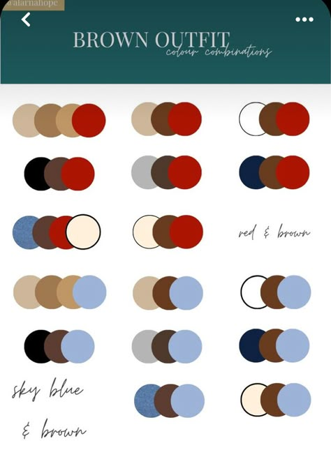 Color Combo Brown Outfit, Color Theory Outfits Colour Palettes, Dark Brown Colour Combination, Dark Brown Color Combinations Outfits, Color Combination With Brown, Old Money Color Combos, Brown Color Combinations Outfits, Outfit Catalog, Fashion Color Combos