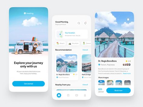 Healing - Traveling Mobile App by Ananto Nugroho Putra for Korsa on Dribbble Travel App Ui Design, Travel App Design, Bus App, App Design Trends, Hotel Booking App, Event App, App Design Layout, Mobile App Design Inspiration, Booking App