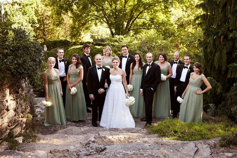 The bridal party was decked out in classic formal attire; the girls wore long sage green gowns with cap sleeves, while the guys wore sleek black tuxedos with black bow ties. Bridesmaid Dresses Pattern, Sage Bridesmaids, Dresses With Cap Sleeves, Jessica Watson, Patterned Bridesmaid Dresses, Ivory Color Palette, Sage Bridesmaid Dresses, Green Tuxedo, Bridesmaids Ideas