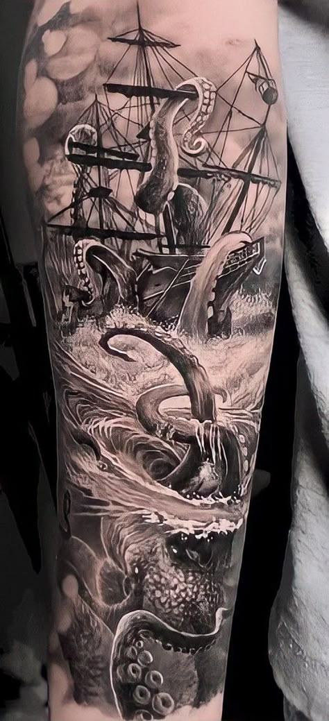 Kraken Tattoos, Pirate Tattoo Sleeve, Tattoo Ideas For Ladies, Sea Tattoo Sleeve, Ship Tattoo Sleeves, Pirate Ship Tattoos, Ocean Sleeve Tattoos, Nautical Tattoo Sleeve, Octopus Tattoo Sleeve