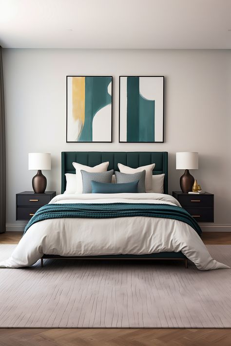 A spacious bedroom with walls painted in cream. The room features a king-size bed with teal and beige linens, flanked by sleek black nightstands. A modern abstract paintings hang above the bed. The look is complete with a teal floor lamp and a geometric lined rug in beige shades. Teal And White Bedding, Teal Bedframe Bedroom Ideas, Black White Teal Bedroom, Turqoise Bedroom Master Colour Schemes, Teal Accent Bedroom, Teal Bedding Ideas, Bedroom With Teal Accents, Gray And Teal Bedroom Ideas, Teal Black And White Bedroom