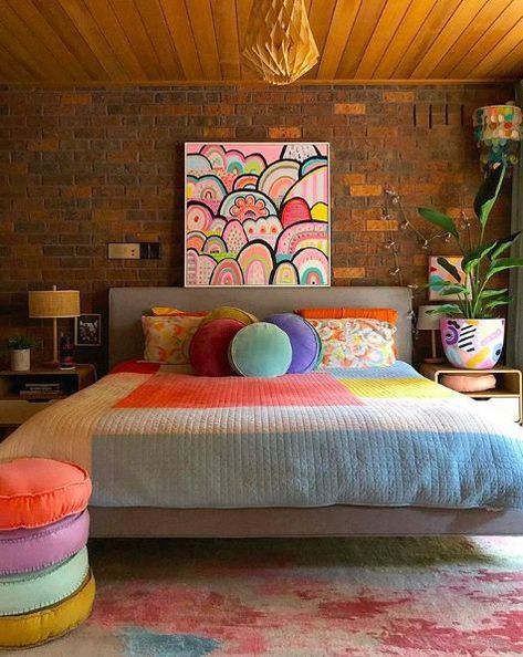 Indian Bedroom Decor, Indian Room Decor, Colourful Living Room Decor, Brick Home, Colourful Living Room, Bohol, Bed Sets, House Interior Decor, Room Inspiration Bedroom